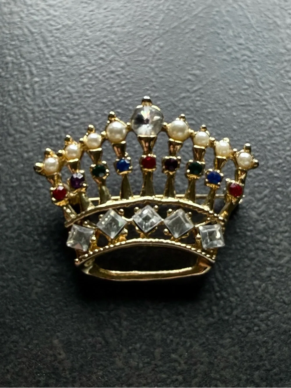 Vintage Gold Crown Brooch with Multicolor Gems and Seed Pearls